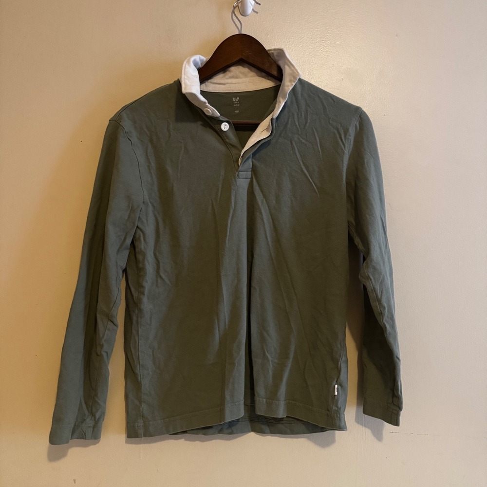 Gap Kids XL Green Long Sleeve Rugby Shirt White Collar 100% Cotton Basics Fall